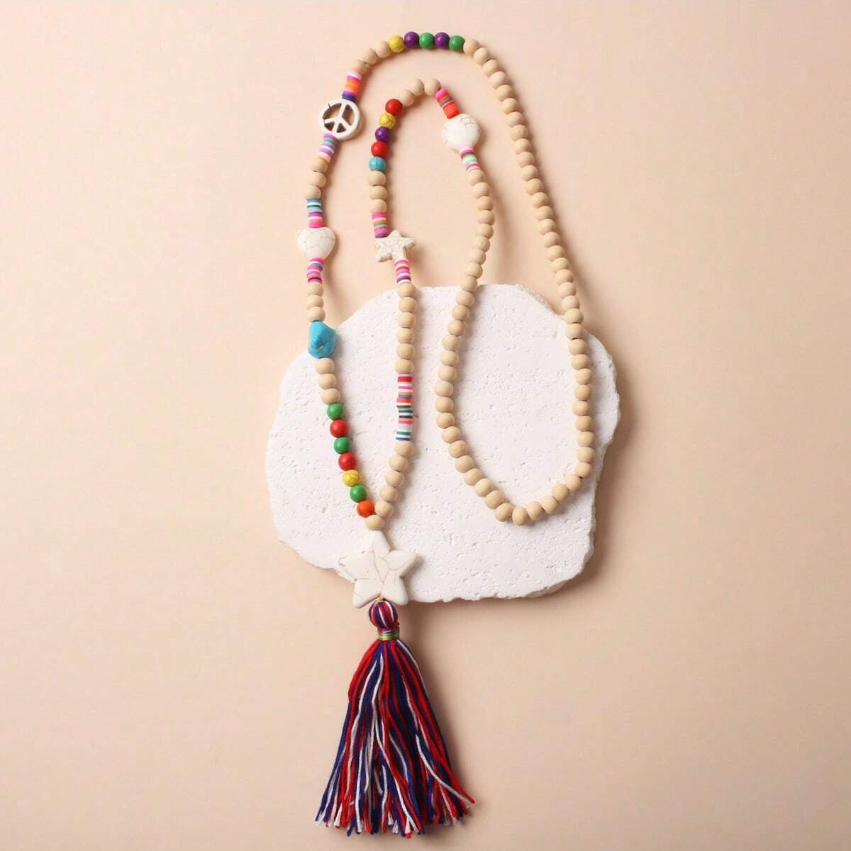 1PC波西米亚风格彩色流苏长项链 心形、圆形、星星松石挂链