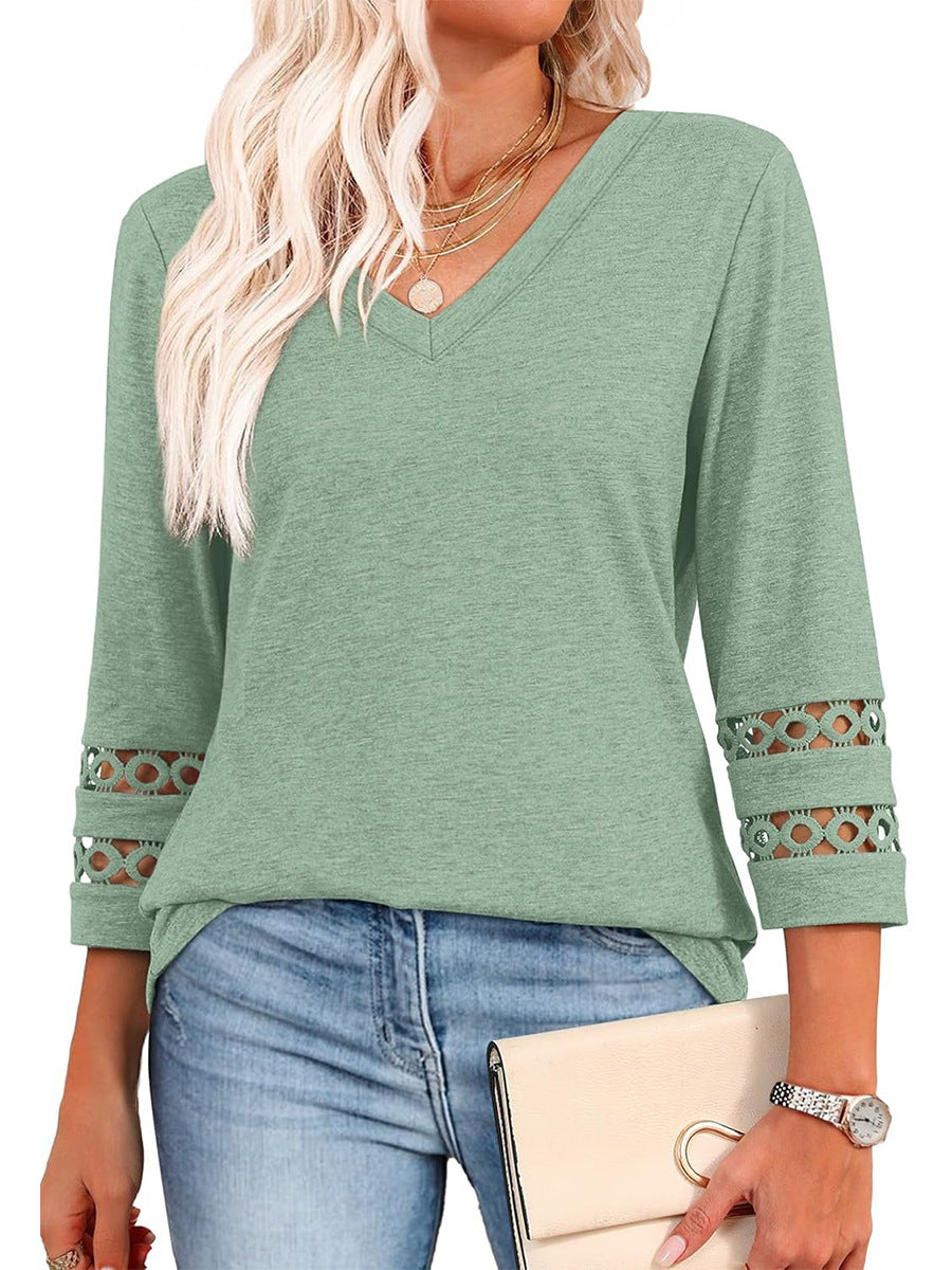 2025新款欧美时尚宽松V领七分袖女2025新款针织衫休闲上衣镂空