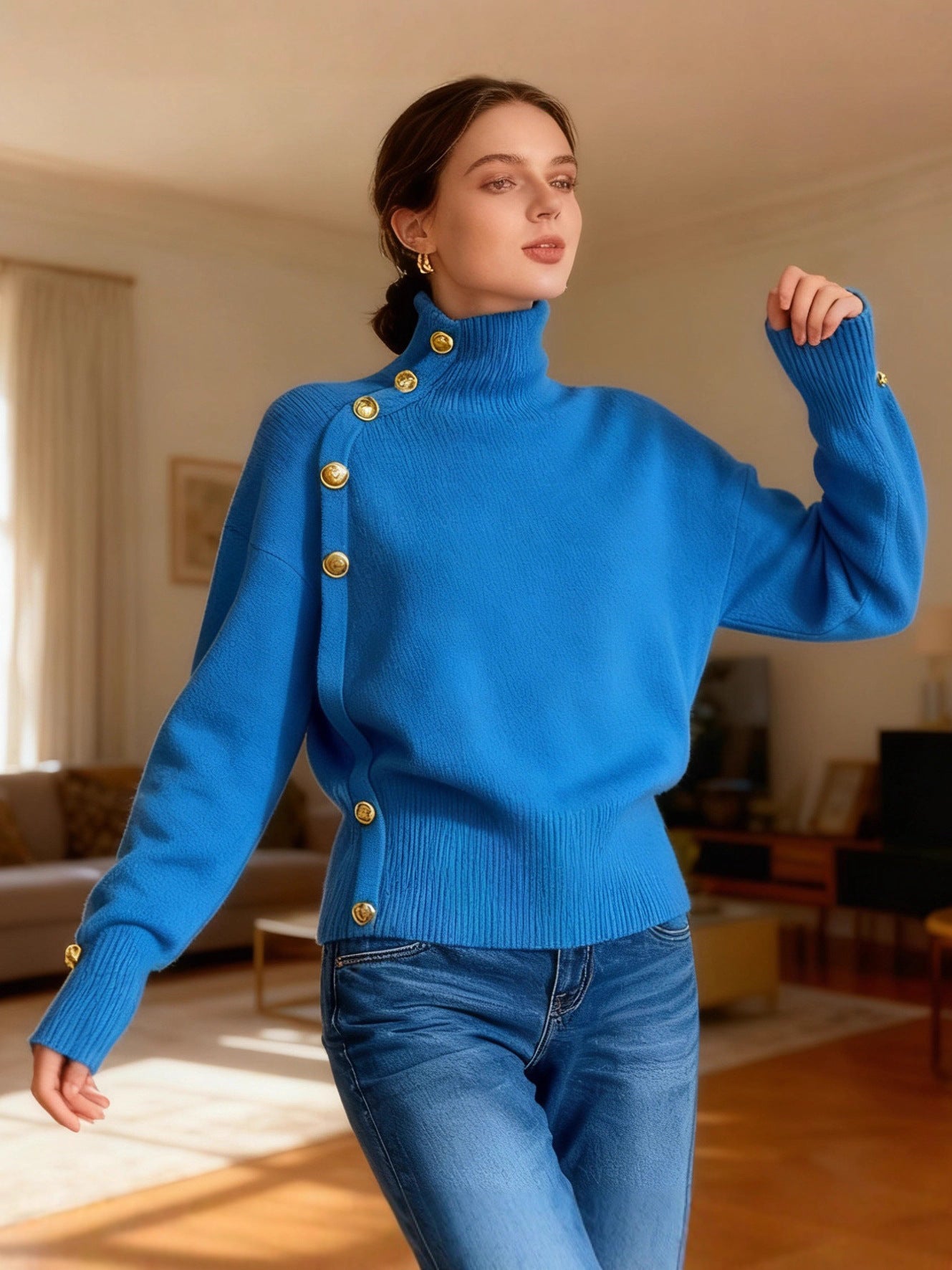 2025欧美跨境女装秋冬新款速卖通亚马逊temu热卖装饰扣高领毛衣