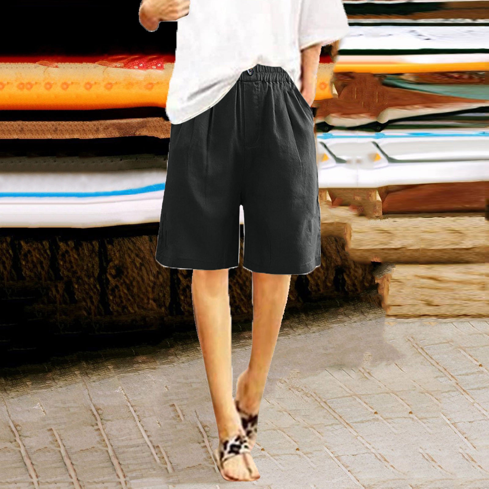 2024 跨境亚马逊 棉麻短裤女夏装新款女士五分裤宽松高腰女装中裤