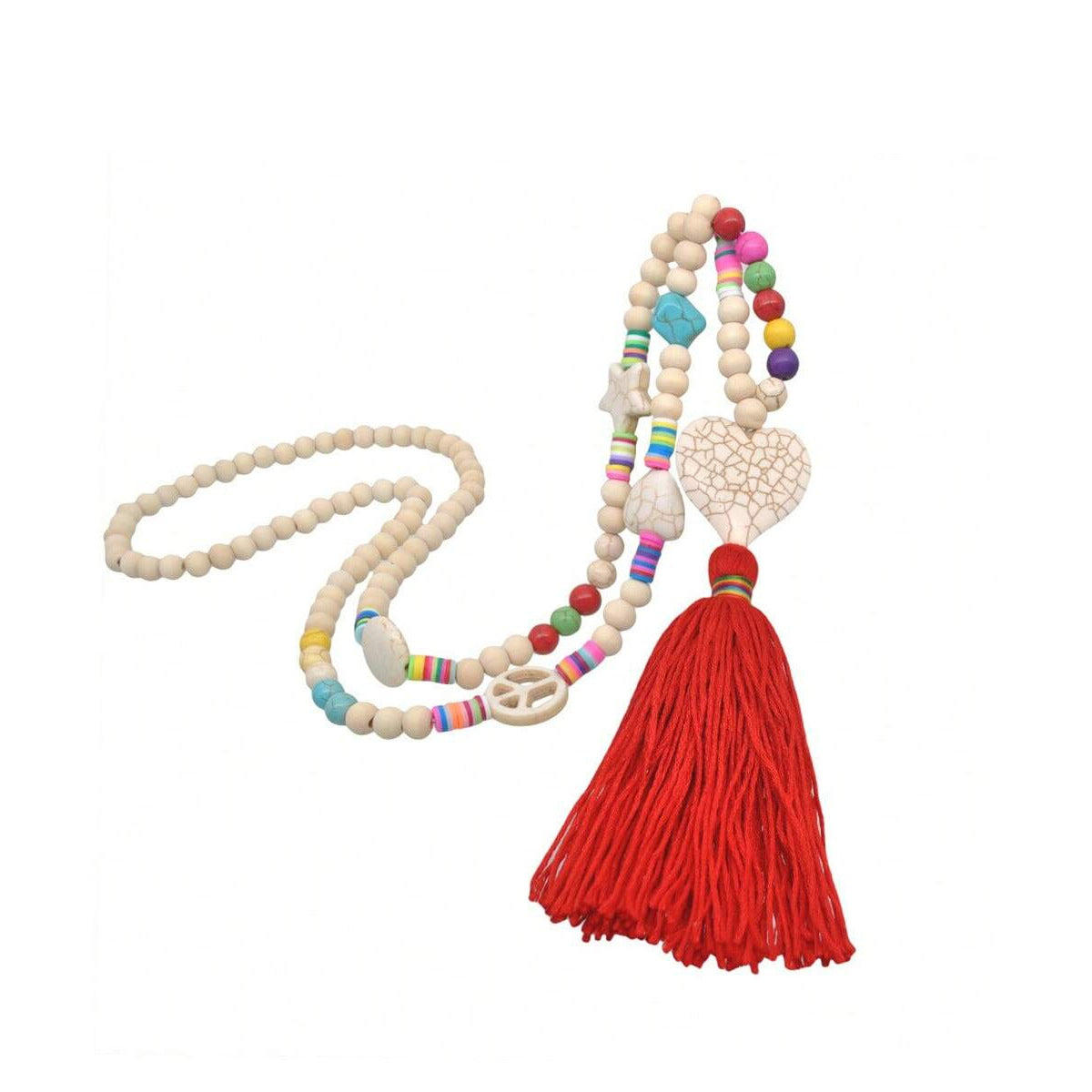 1PC波西米亚风格彩色流苏长项链 心形、圆形、星星松石挂链