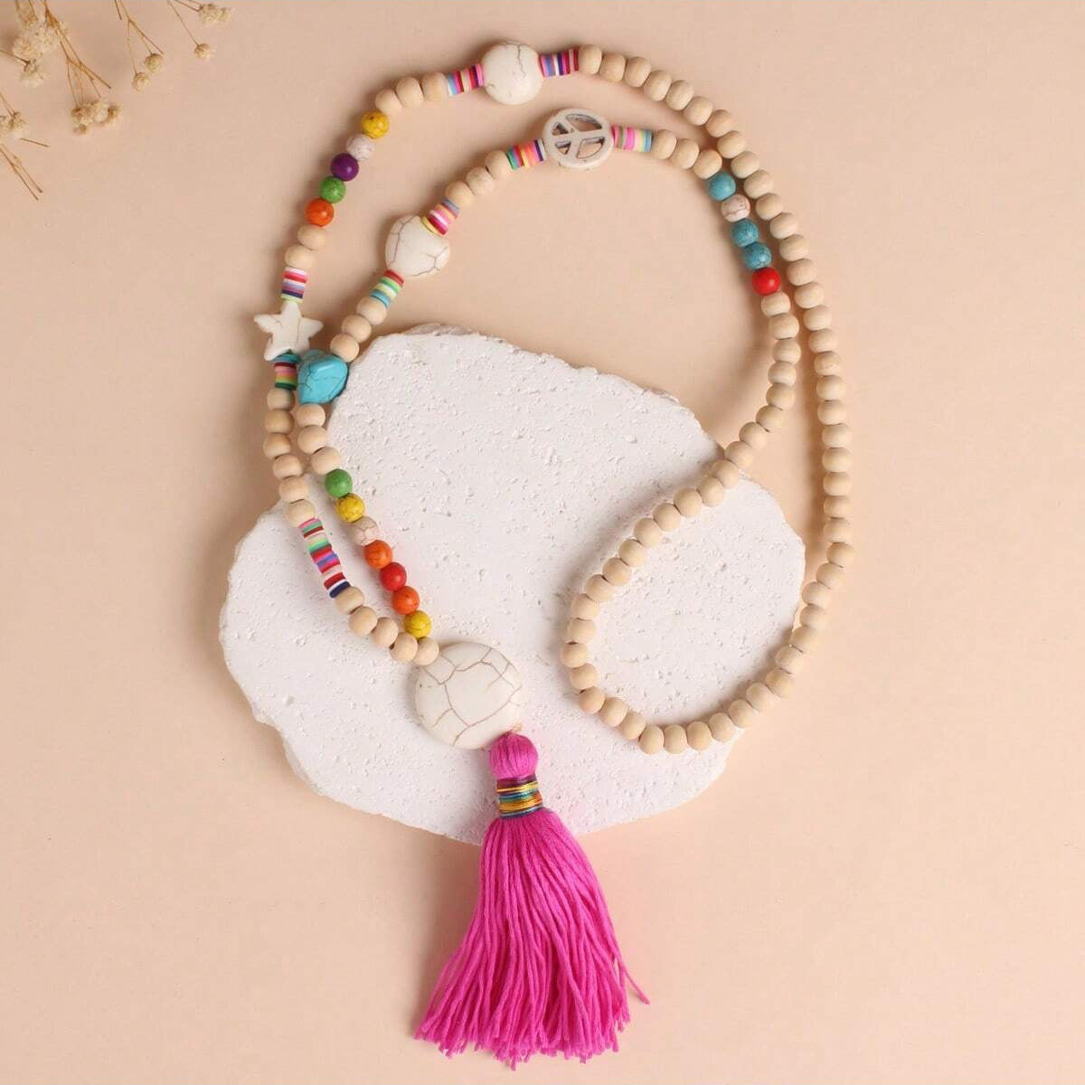 1PC波西米亚风格彩色流苏长项链 心形、圆形、星星松石挂链