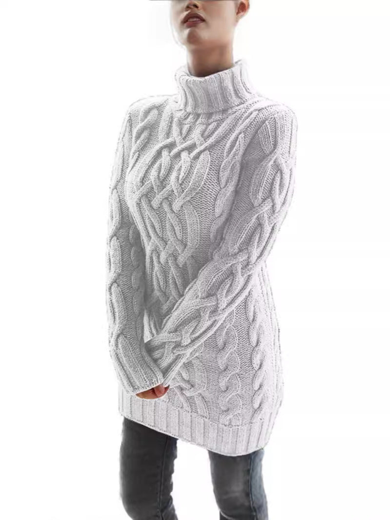 2024秋冬欧美复古长袖修身针织连衣裙纯色高领加厚粗毛线长款毛衣