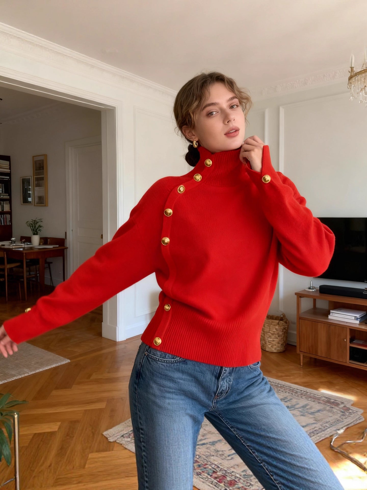 2025欧美跨境女装秋冬新款速卖通亚马逊temu热卖装饰扣高领毛衣