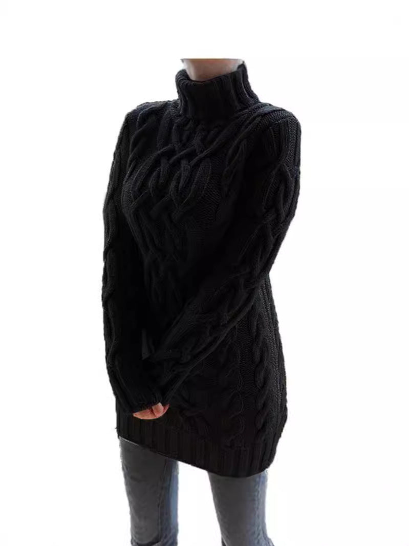 2024秋冬欧美复古长袖修身针织连衣裙纯色高领加厚粗毛线长款毛衣