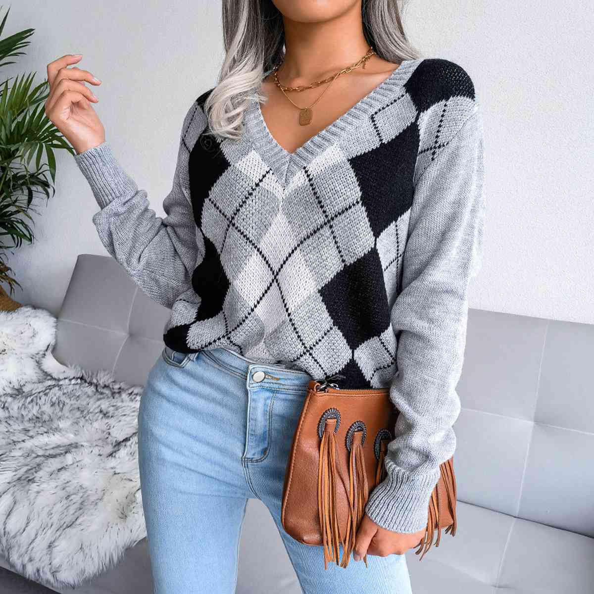 Sofia – Preppy Ladies Argyle Knitted Sweater