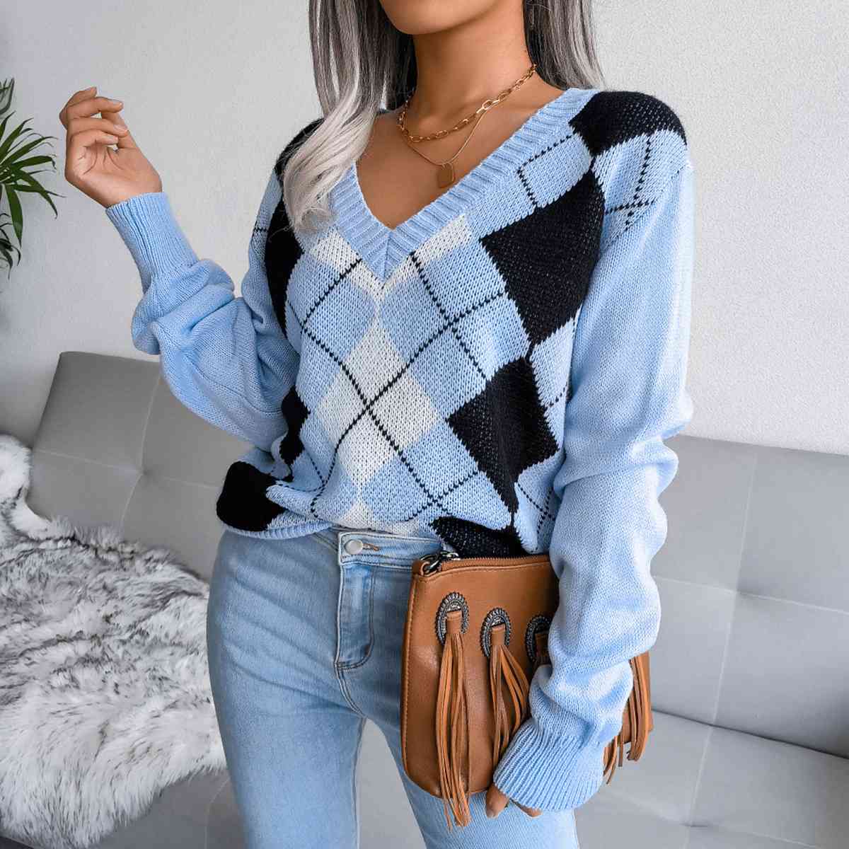 Sofia – Preppy Ladies Argyle Knitted Sweater