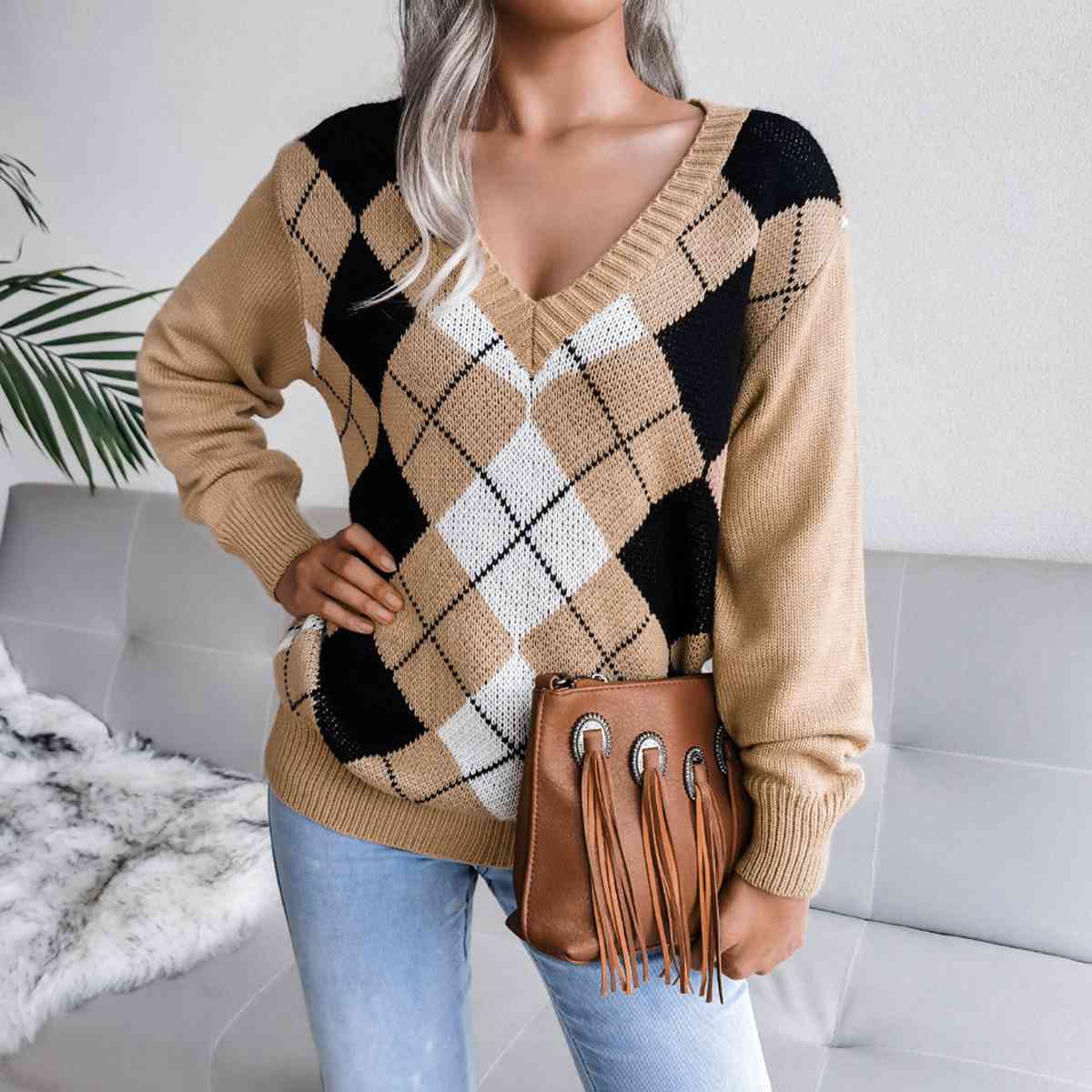 Sofia – Preppy Ladies Argyle Knitted Sweater