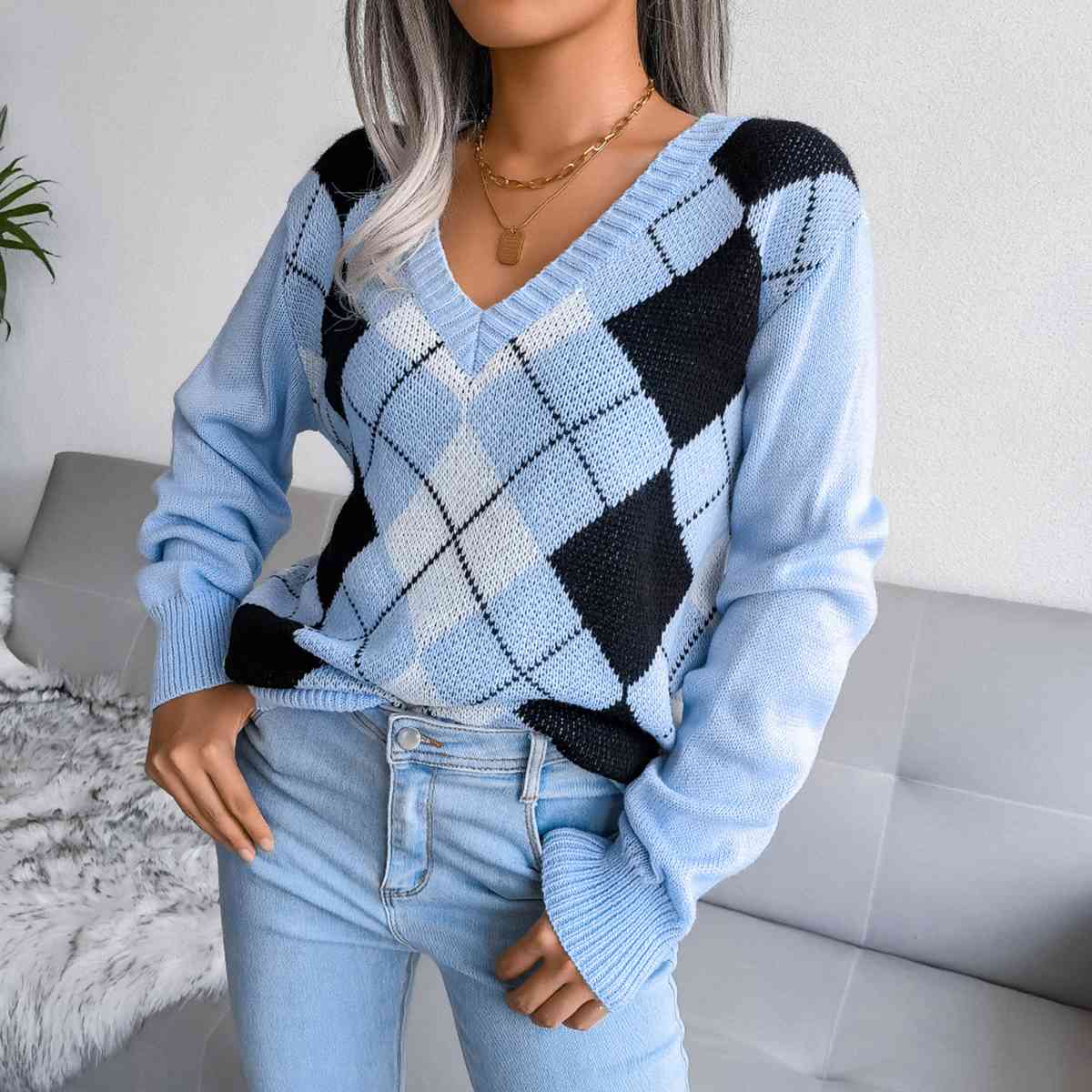 Sofia – Preppy Ladies Argyle Knitted Sweater