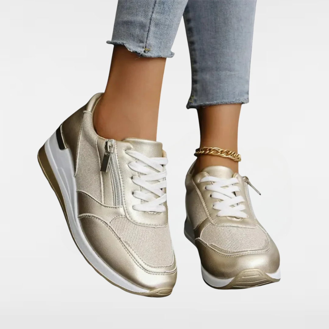 Jenny | Lace-Up Side-Zip Fashion Sneakers in Sparkly Silver and Gold 