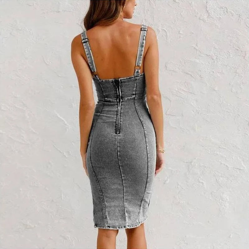 CORALINE | ELEGANT DENIM PRINT DRESS 