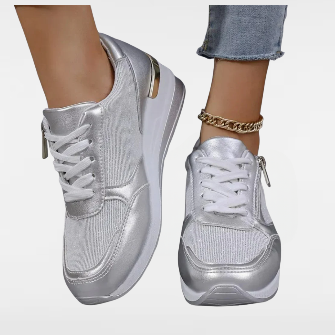 Jenny | Lace-Up Side-Zip Fashion Sneakers in Sparkly Silver and Gold 