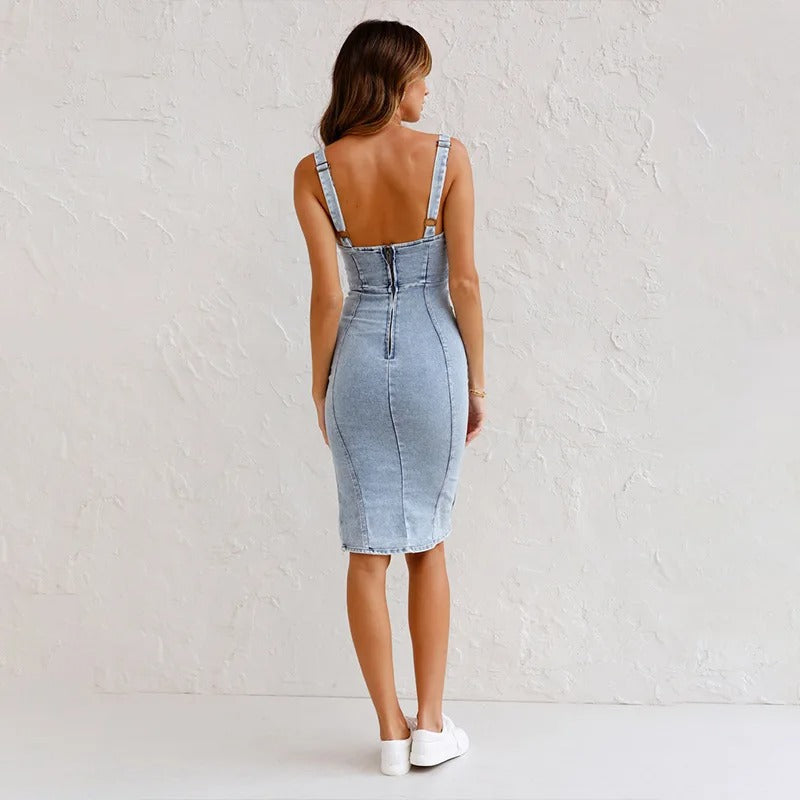 CORALINE | ELEGANT DENIM PRINT DRESS 