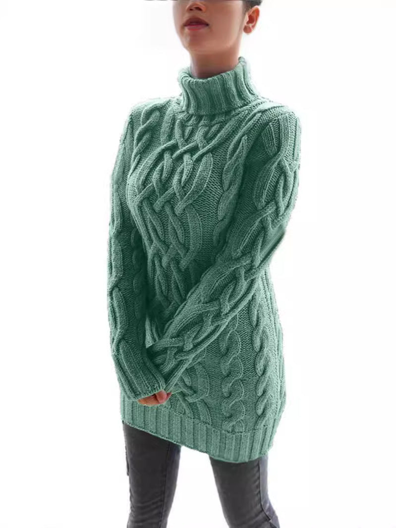 2024秋冬欧美复古长袖修身针织连衣裙纯色高领加厚粗毛线长款毛衣