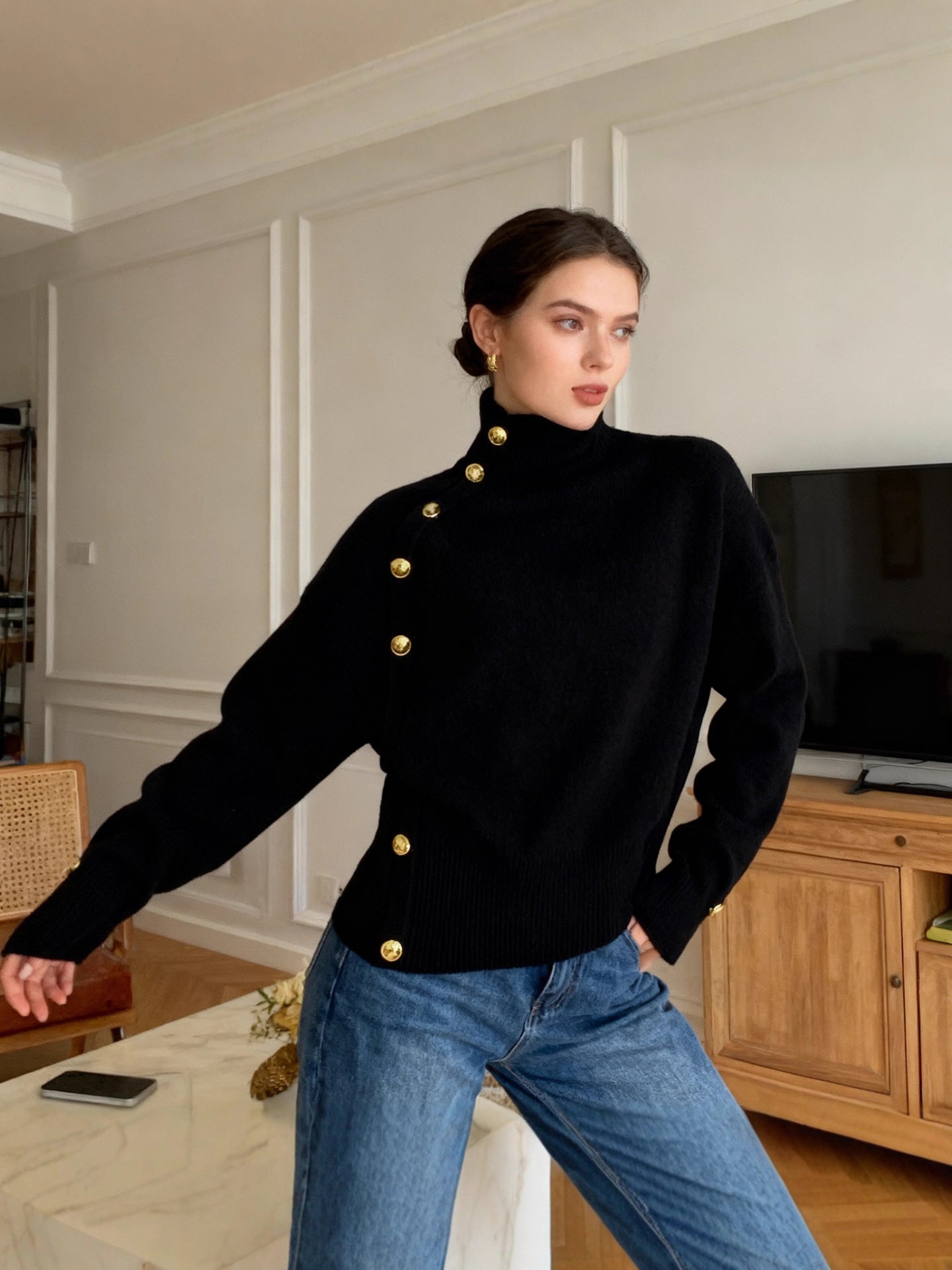 2025欧美跨境女装秋冬新款速卖通亚马逊temu热卖装饰扣高领毛衣