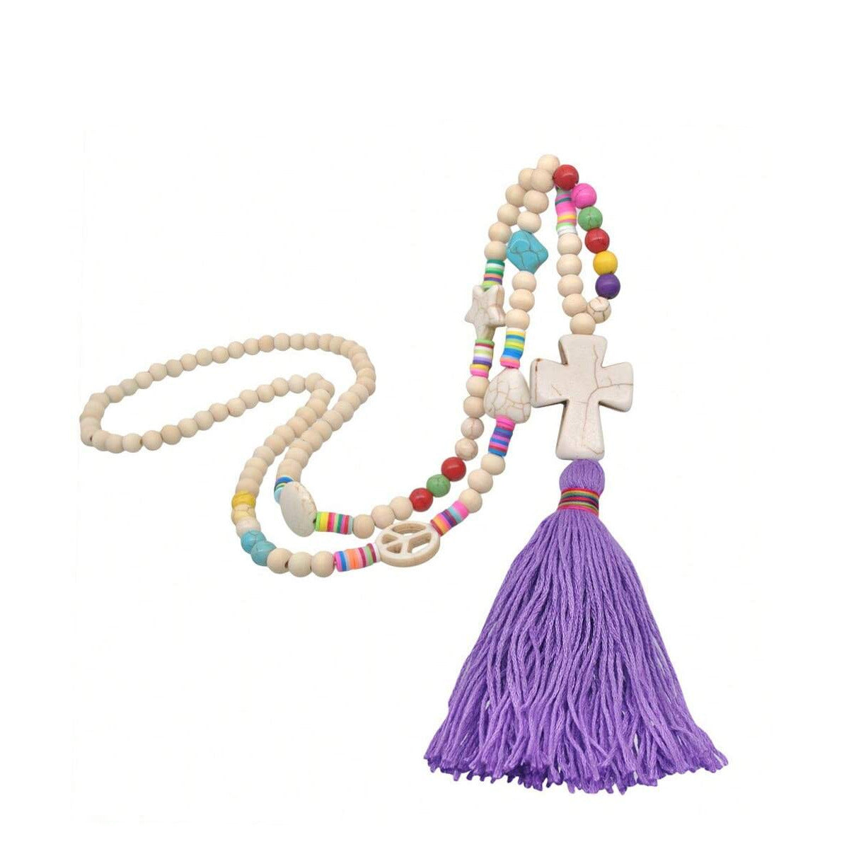 1PC波西米亚风格彩色流苏长项链 心形、圆形、星星松石挂链