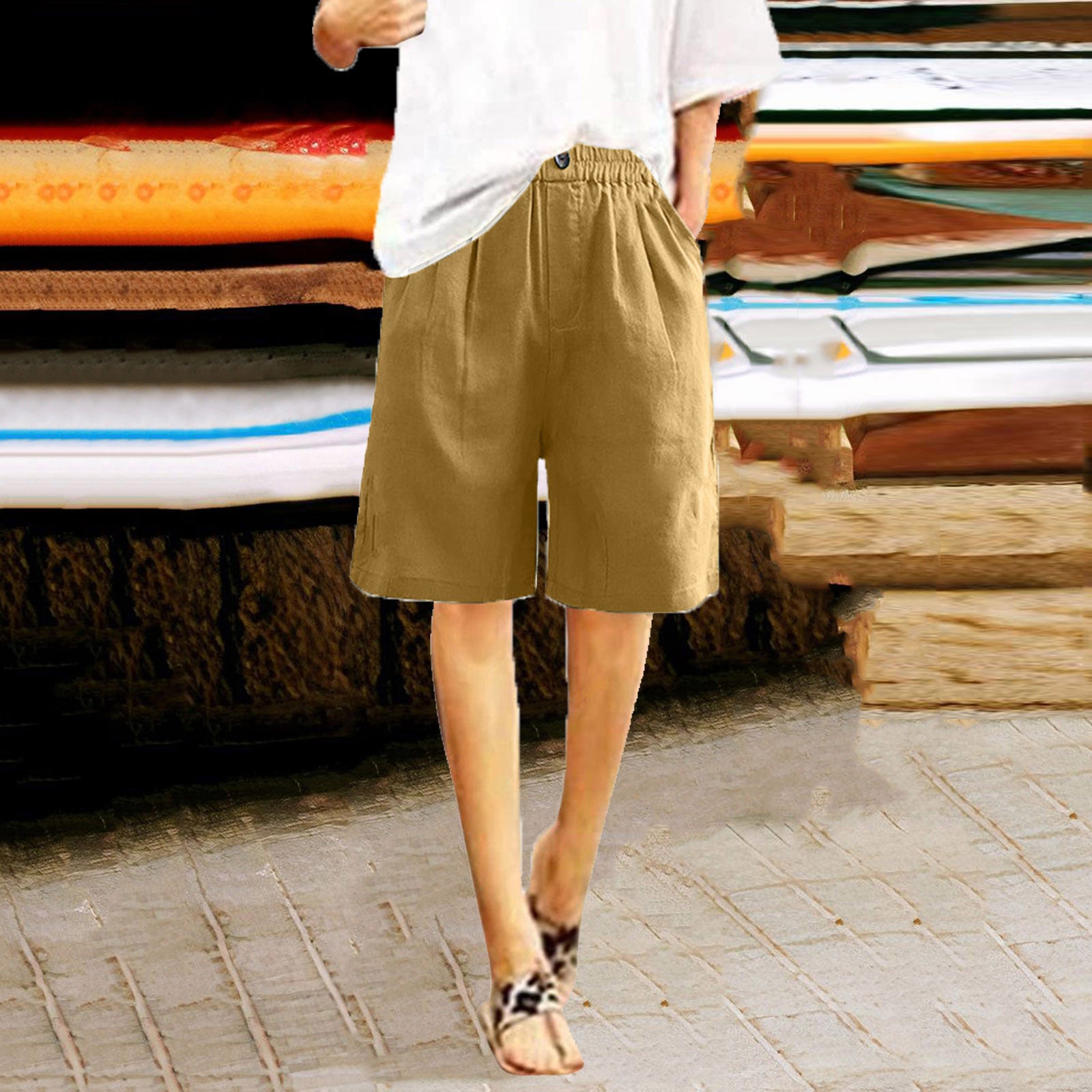 2024 跨境亚马逊 棉麻短裤女夏装新款女士五分裤宽松高腰女装中裤