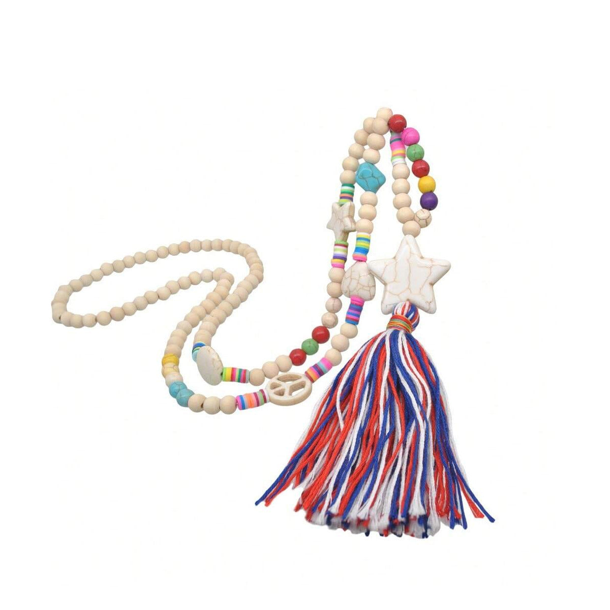 1PC波西米亚风格彩色流苏长项链 心形、圆形、星星松石挂链