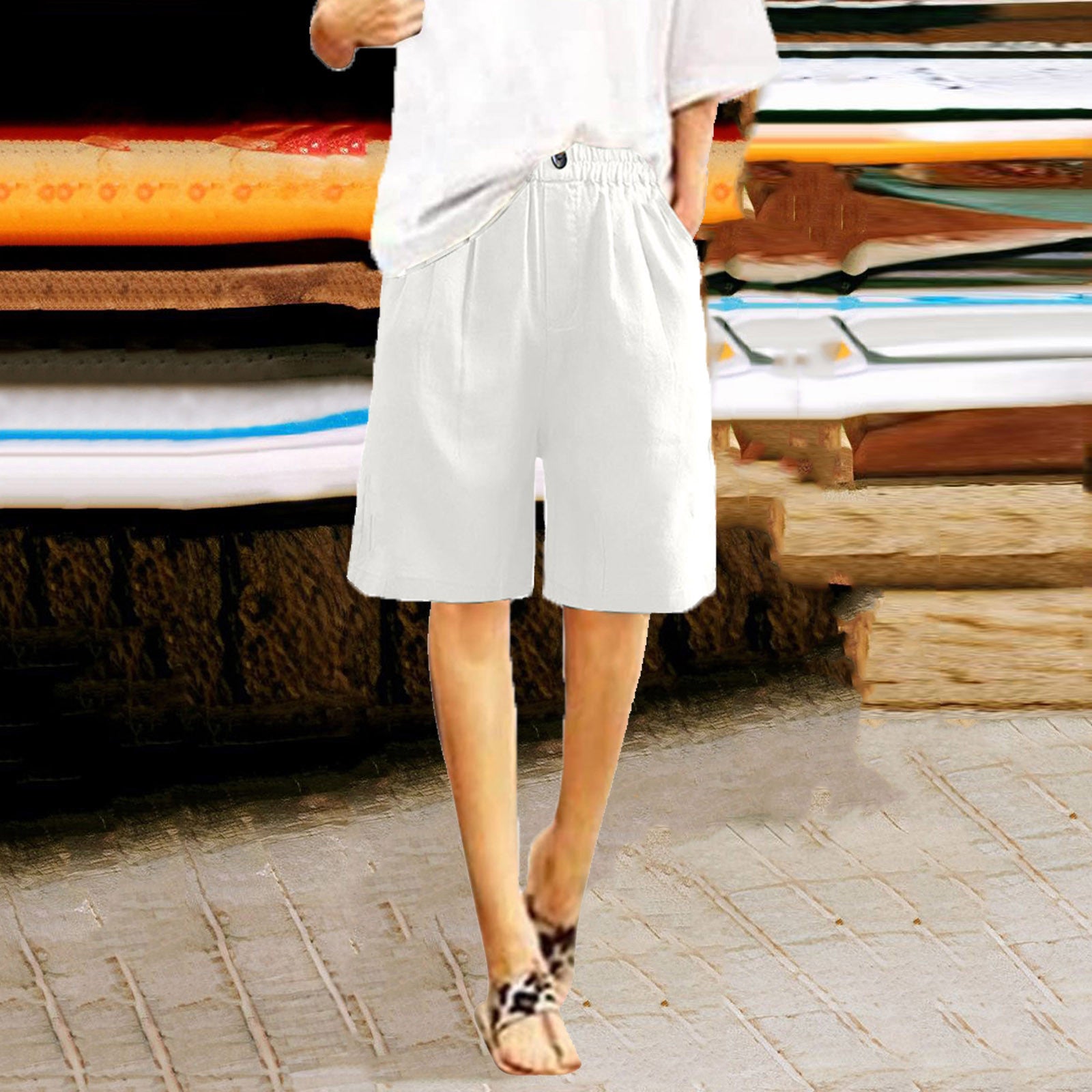 2024 跨境亚马逊 棉麻短裤女夏装新款女士五分裤宽松高腰女装中裤