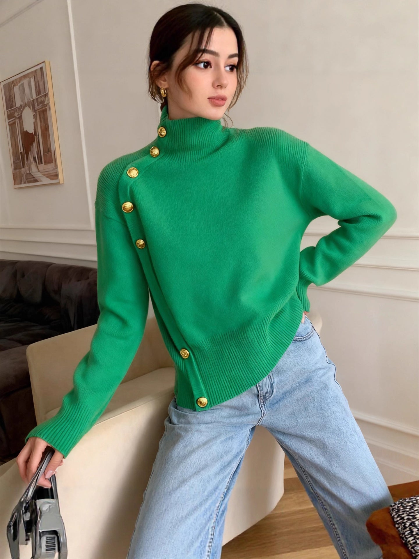 2025欧美跨境女装秋冬新款速卖通亚马逊temu热卖装饰扣高领毛衣