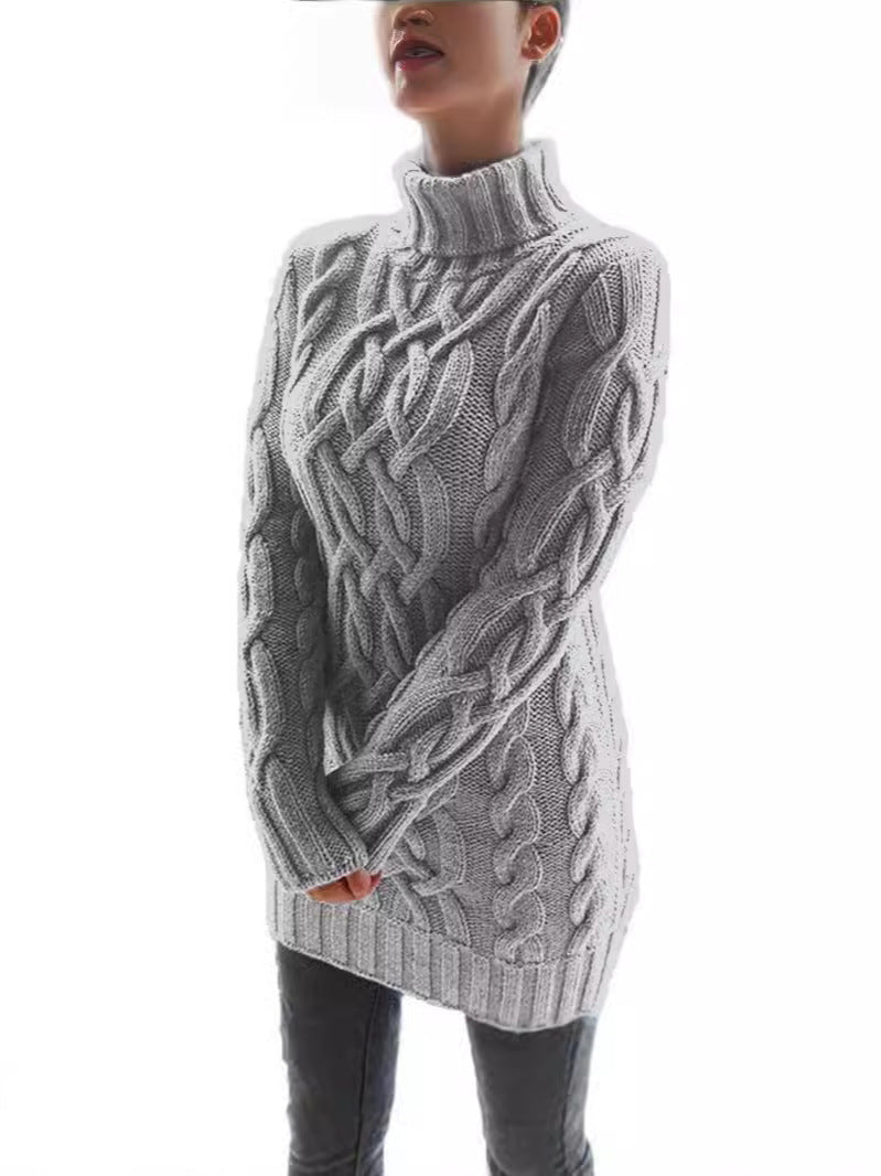 2024秋冬欧美复古长袖修身针织连衣裙纯色高领加厚粗毛线长款毛衣