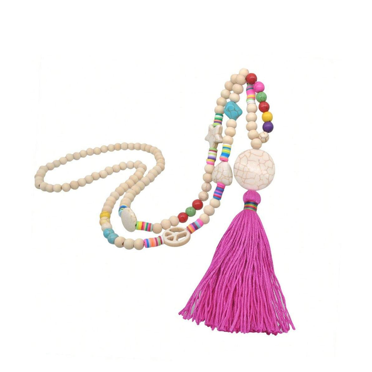 1PC波西米亚风格彩色流苏长项链 心形、圆形、星星松石挂链