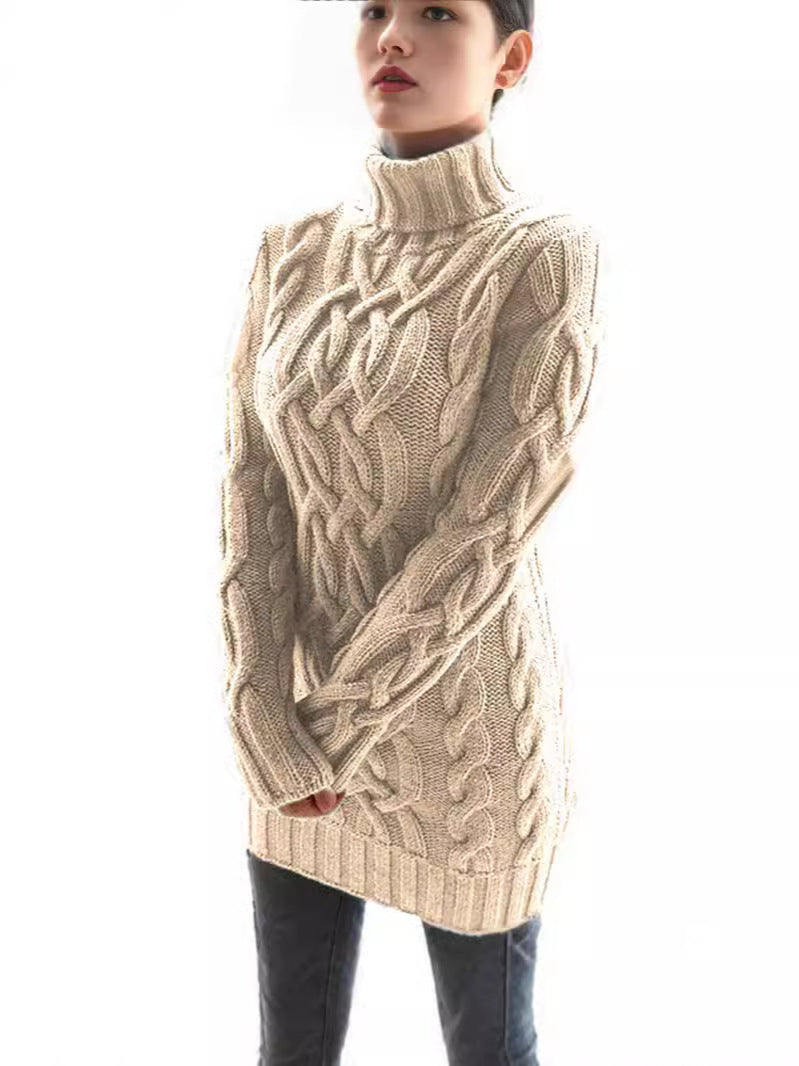 2024秋冬欧美复古长袖修身针织连衣裙纯色高领加厚粗毛线长款毛衣