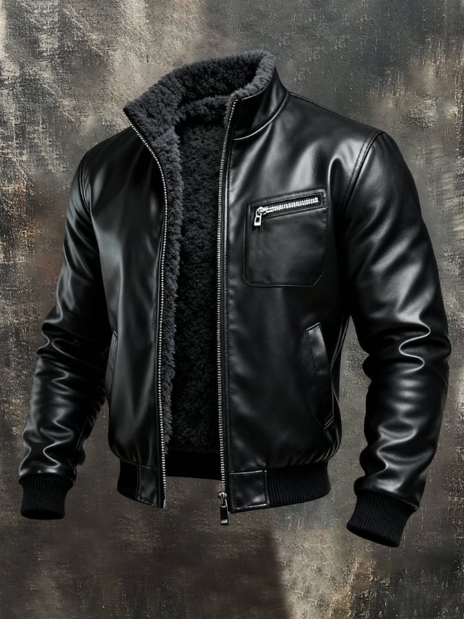Kamil | Warm Black Leather Jacket with Sherpa Lining